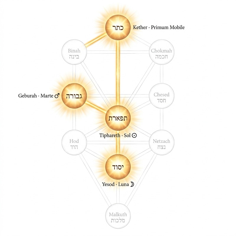 Árbol de la Vida de una lectura de muestra, con las esferas activas en oro y su planeta